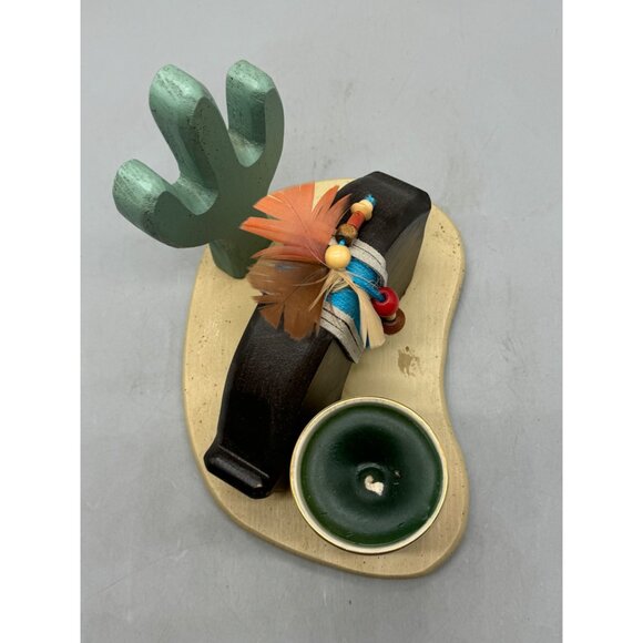 Southwestern-Themed Candle Holder With Cactus & Buffalo Design On Wooden Base - Picture 5 of 7